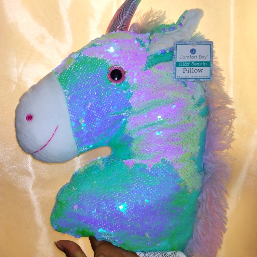 Comfort Bay Kids' Sequined Unicorn Teal/Pink Pillow